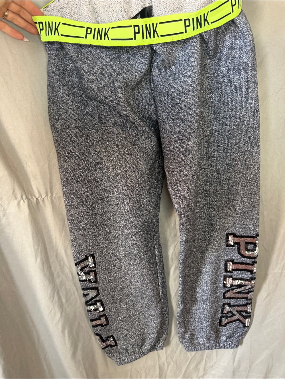 PINK Victoria's Secret Gray Sweatpants with Neon Yellow Branded Waistband
